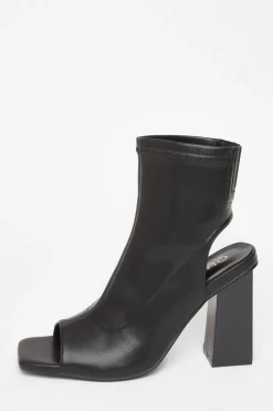 Quiz Boots>Black Faux Leather Peep Toe Boots