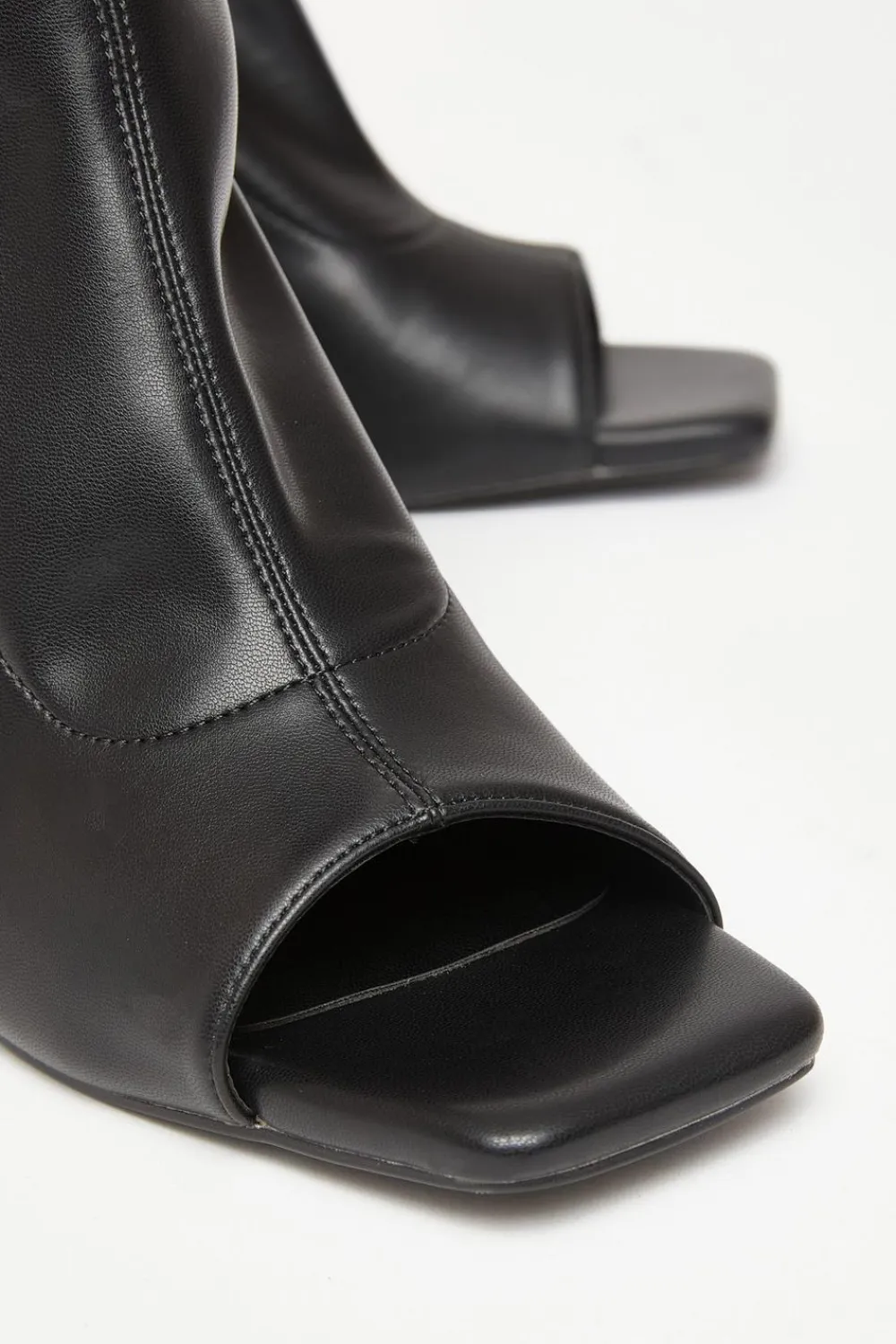 Quiz Boots>Black Faux Leather Peep Toe Boots