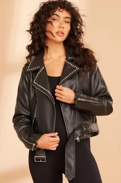 Quiz Jackets & Coats|Everyday Essentials>Black Faux Leather Studded Biker Jacket