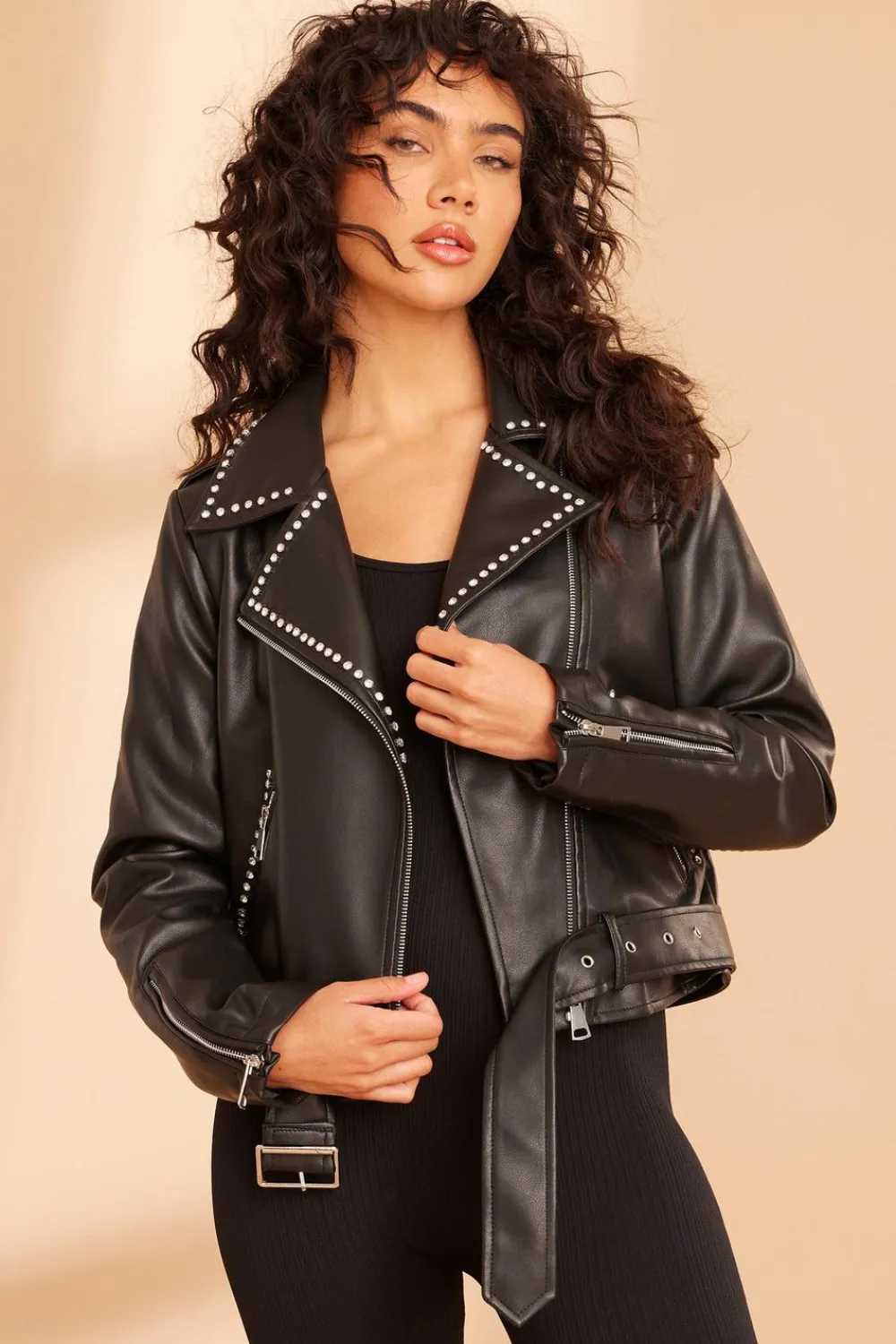 Quiz Jackets & Coats|Everyday Essentials>Black Faux Leather Studded Biker Jacket