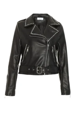 Quiz Jackets & Coats|Everyday Essentials>Black Faux Leather Studded Biker Jacket