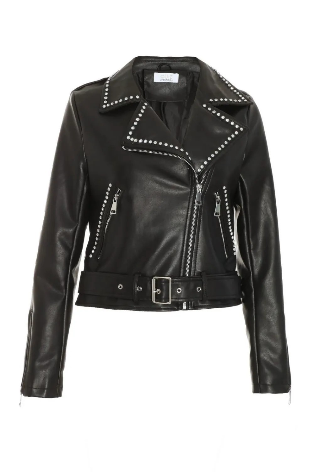 Quiz Jackets & Coats|Everyday Essentials>Black Faux Leather Studded Biker Jacket