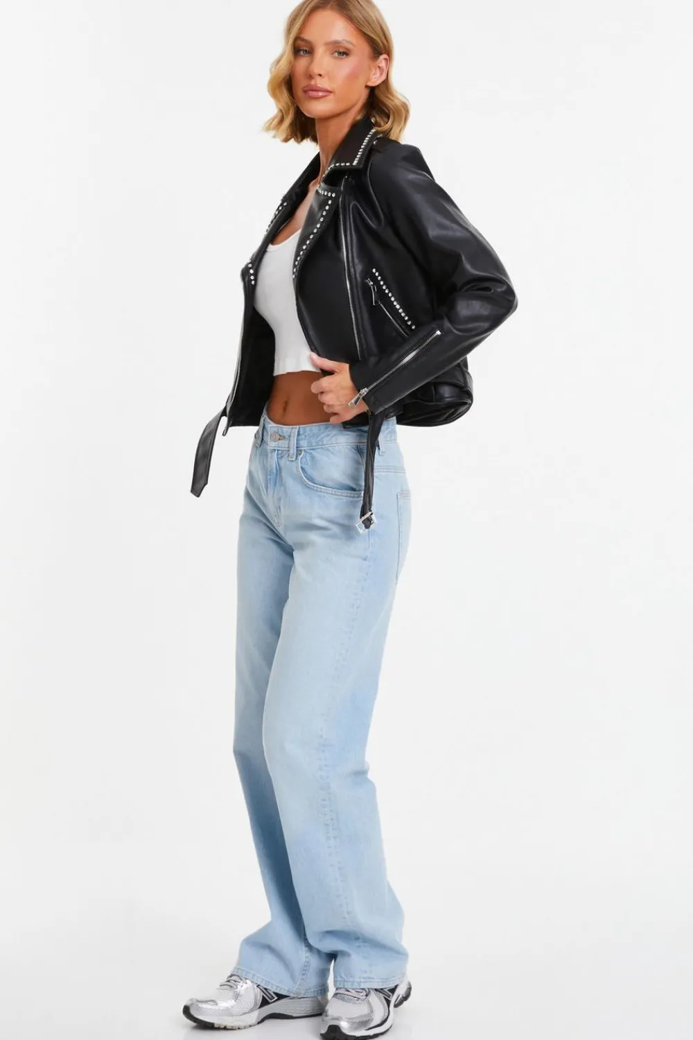 Quiz Jackets & Coats|Everyday Essentials>Black Faux Leather Studded Biker Jacket