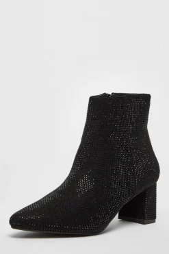 Quiz Boots>Black Faux Suede Diamante Ankle Boot