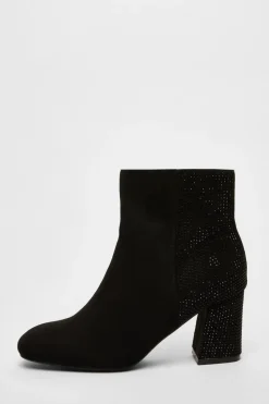 Quiz Boots>Black Faux Suede Diamante Heeled Boots