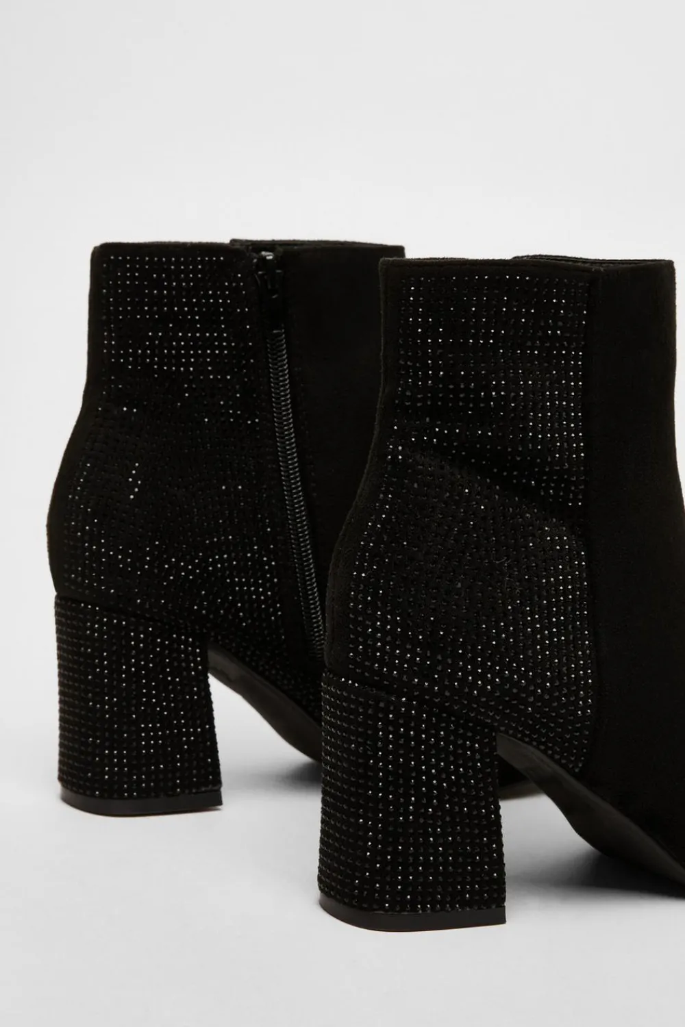Quiz Boots>Black Faux Suede Diamante Heeled Boots