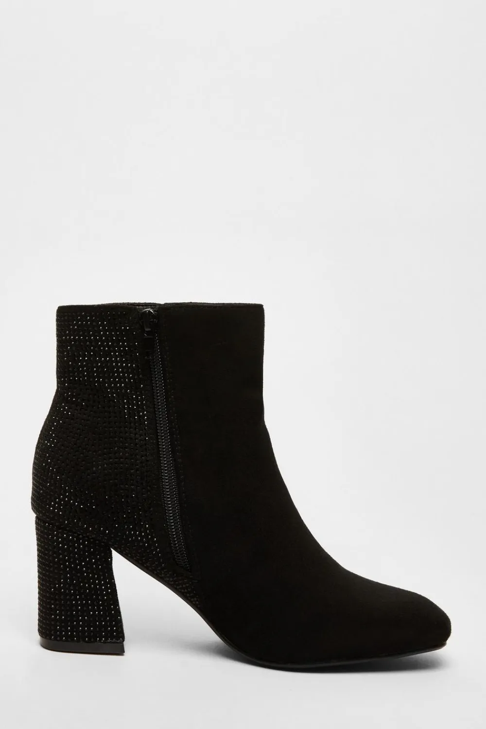Quiz Boots>Black Faux Suede Diamante Heeled Boots