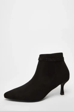 Quiz Boots>Black Faux Suede Diamante Bow Ankle Boot