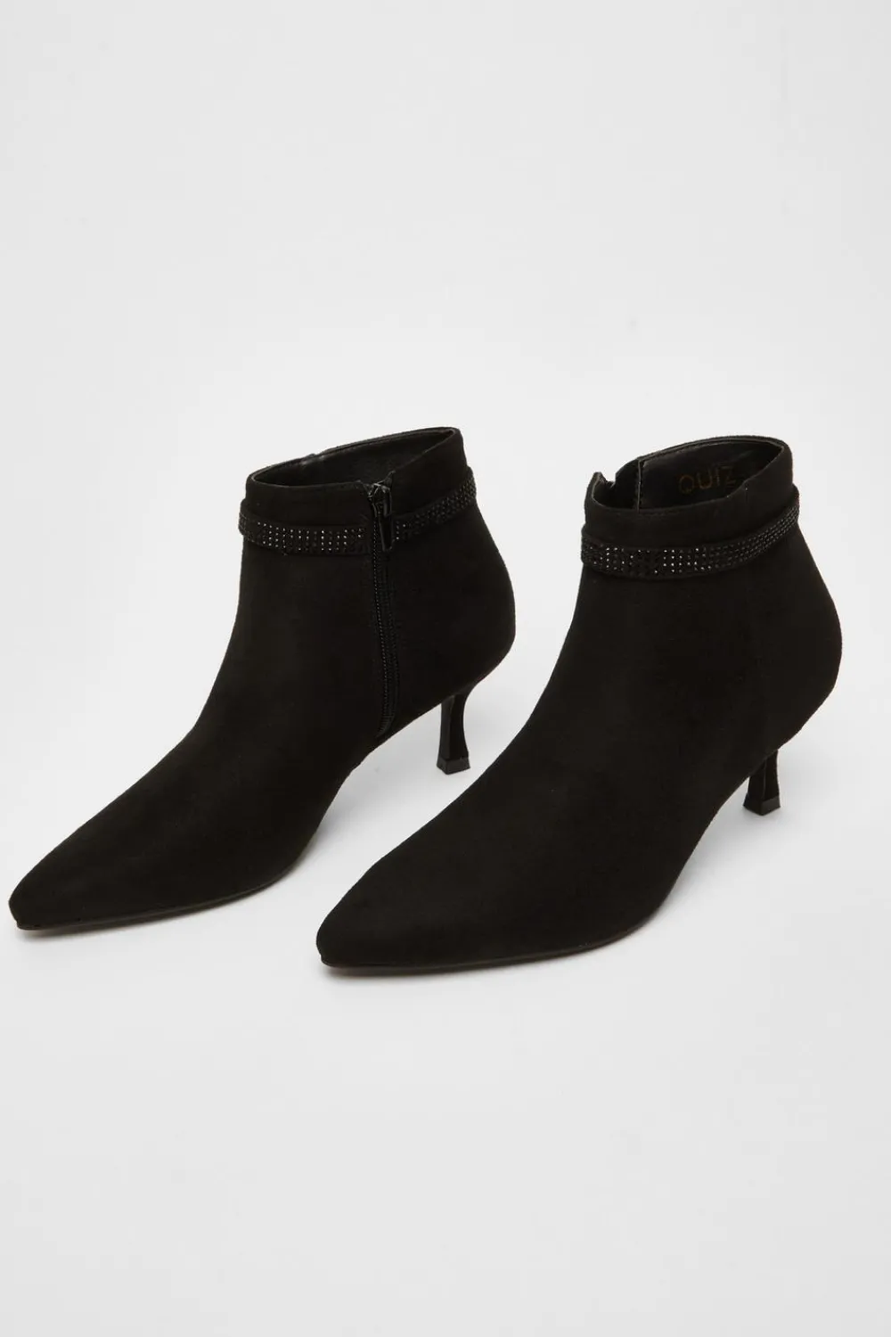 Quiz Boots>Black Faux Suede Diamante Bow Ankle Boot