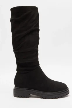 Quiz Boots>Black Faux Suede Ruched Boots