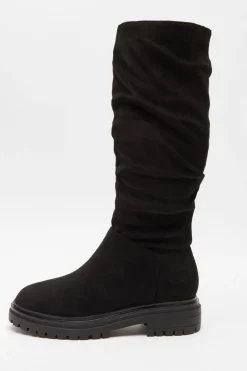 Quiz Boots>Black Faux Suede Ruched Boots