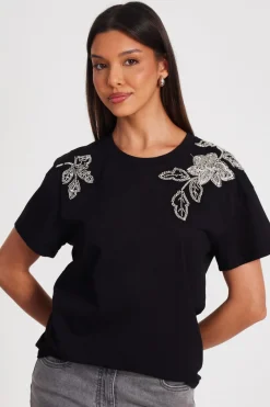 Quiz T-Shirts|Day Tops>Black Floral Applique T-Shirt