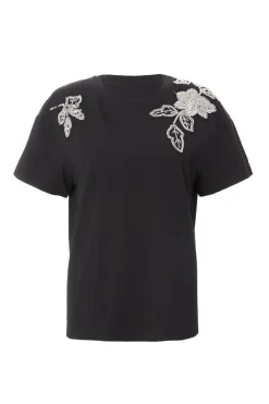 Quiz T-Shirts|Day Tops>Black Floral Applique T-Shirt