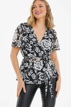 Quiz Shirts & Blouses|Day Tops>Black Floral Chiffon Wrap Top