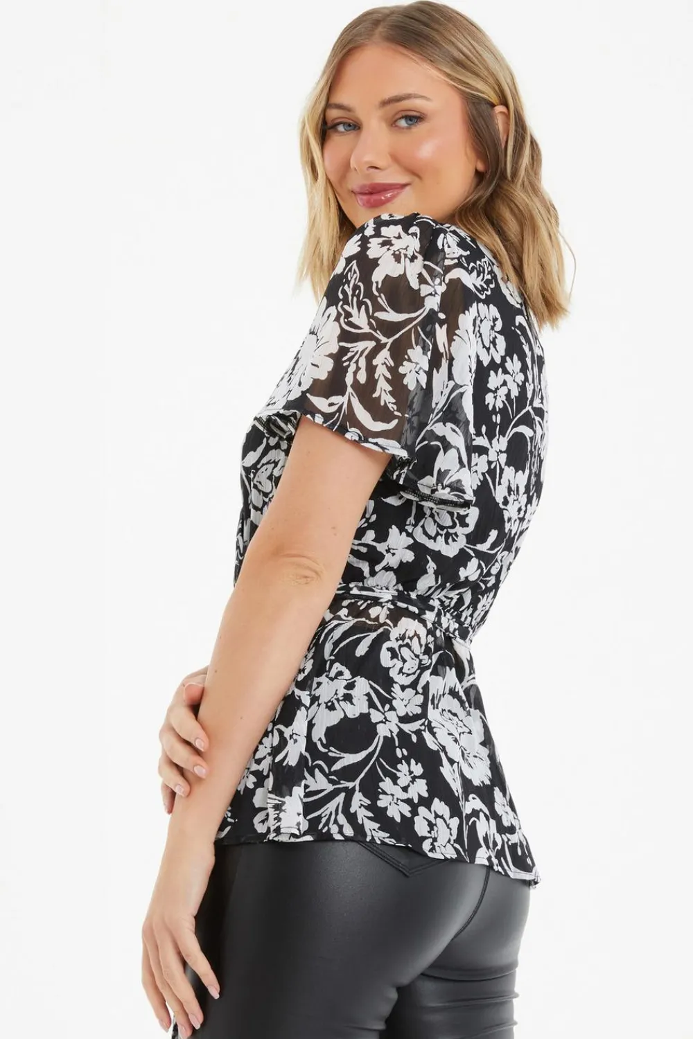 Quiz Shirts & Blouses|Day Tops>Black Floral Chiffon Wrap Top