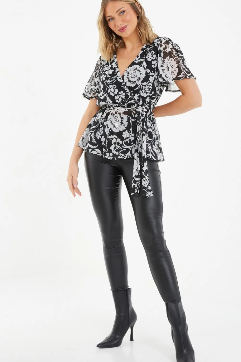 Quiz Shirts & Blouses|Day Tops>Black Floral Chiffon Wrap Top