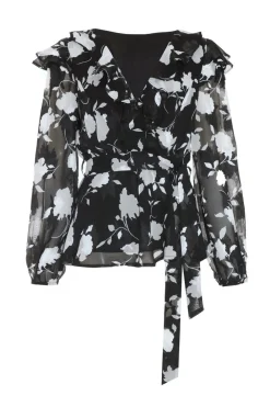 Quiz Shirts & Blouses|Day Tops>Black Floral Frill Peplum Top
