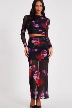 Quiz Summer Clothes|Skirts>Black Floral Mesh Maxi Skirt