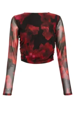 Quiz Going Out Tops|Crop Tops>Black Floral Mesh Ruched Crop Top