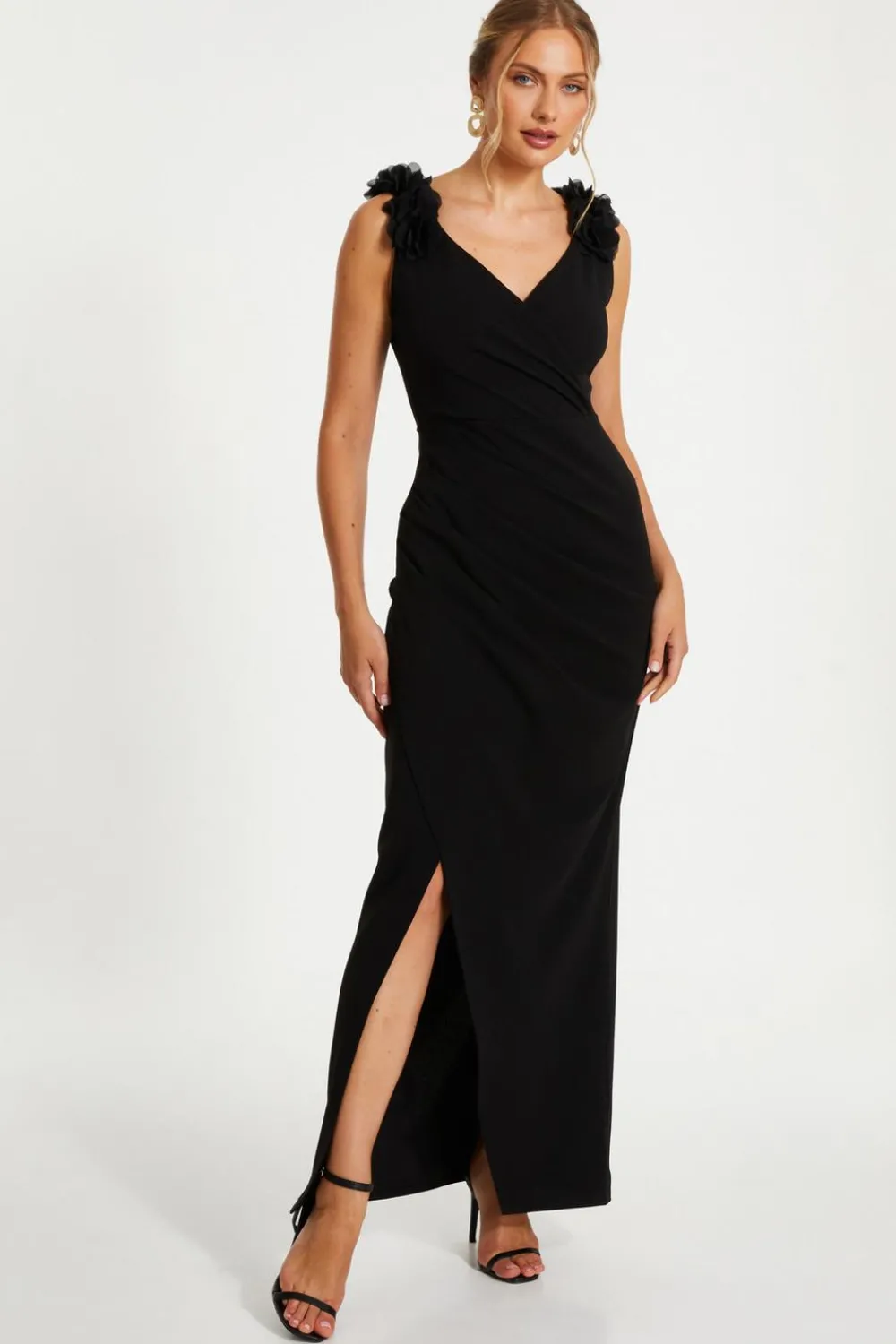 Quiz Wrap Dresses|Wedding Guest Dresses>Black Floral Strap Maxi Wrap Dress