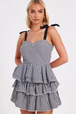 Quiz Summer Tops|Going Out Tops>Black Gingham Peplum Top
