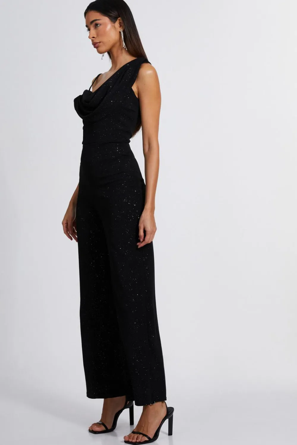 Quiz Occasion Jumpsuits|Going Out Jumpsuits>Black Glitter Cowl Neck Jumpsuit
