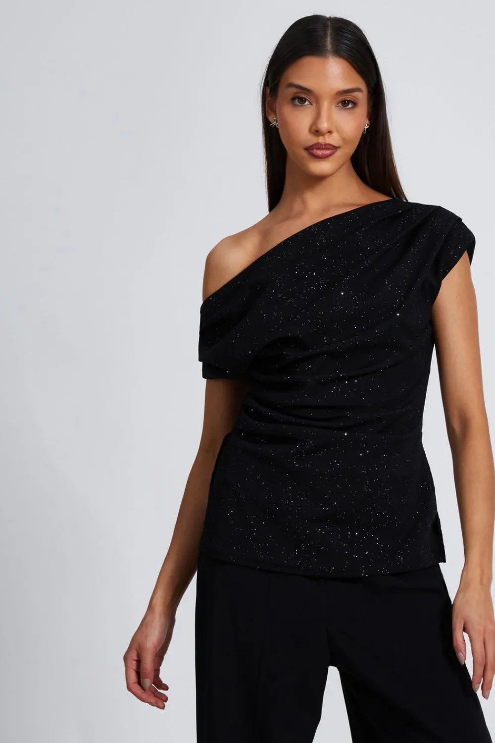Quiz Day Tops|Going Out Tops>Black Glitter Drape Neck Top