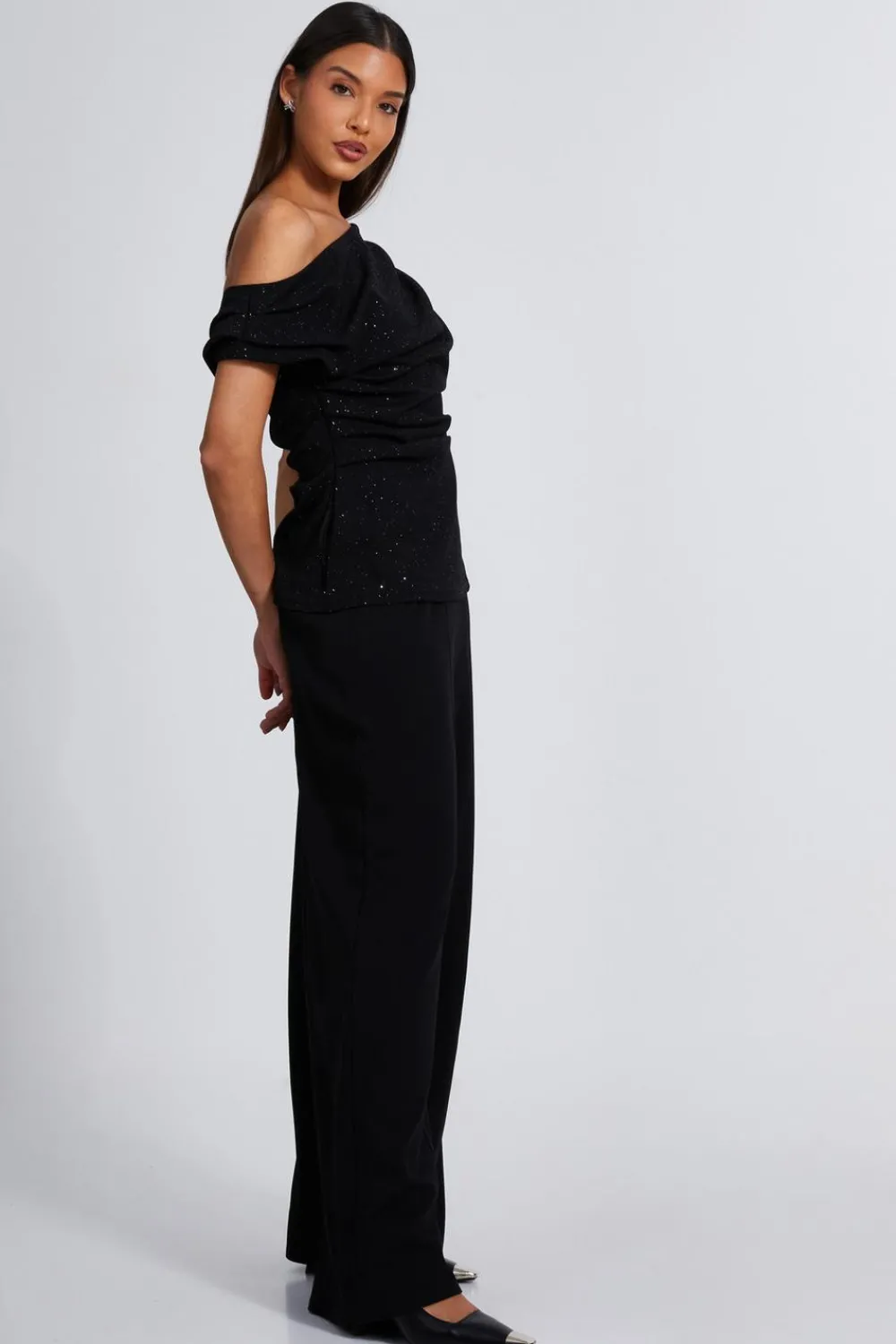 Quiz Day Tops|Going Out Tops>Black Glitter Drape Neck Top