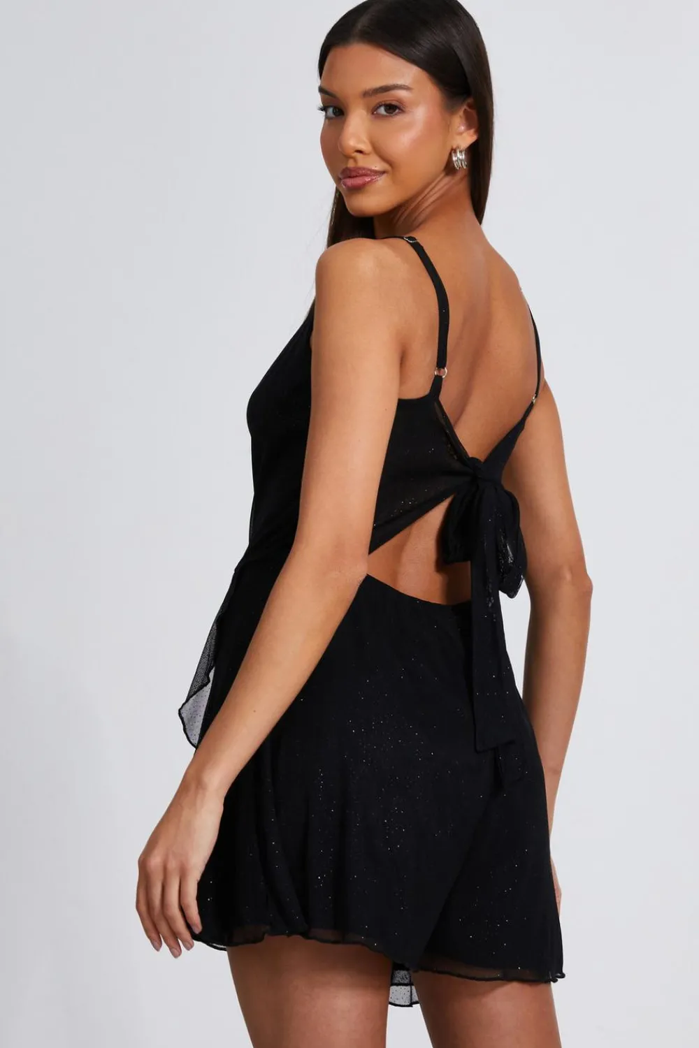 Quiz Playsuits|Playsuits>Black Glitter Mesh Skort Playsuit