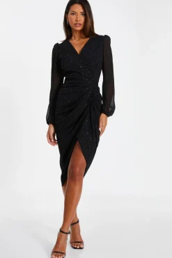 Quiz Wrap Dresses|Midi Dresses>Black Glitter Midi Dress