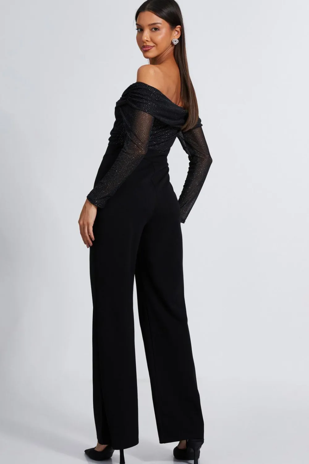 Quiz Occasion Jumpsuits|Going Out Jumpsuits>Black Glitter Palazzo Jumpsuit