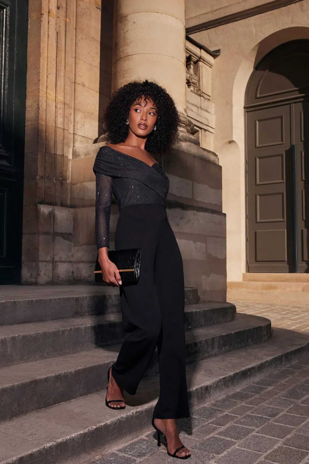 Quiz Occasion Jumpsuits|Going Out Jumpsuits>Black Glitter Palazzo Jumpsuit