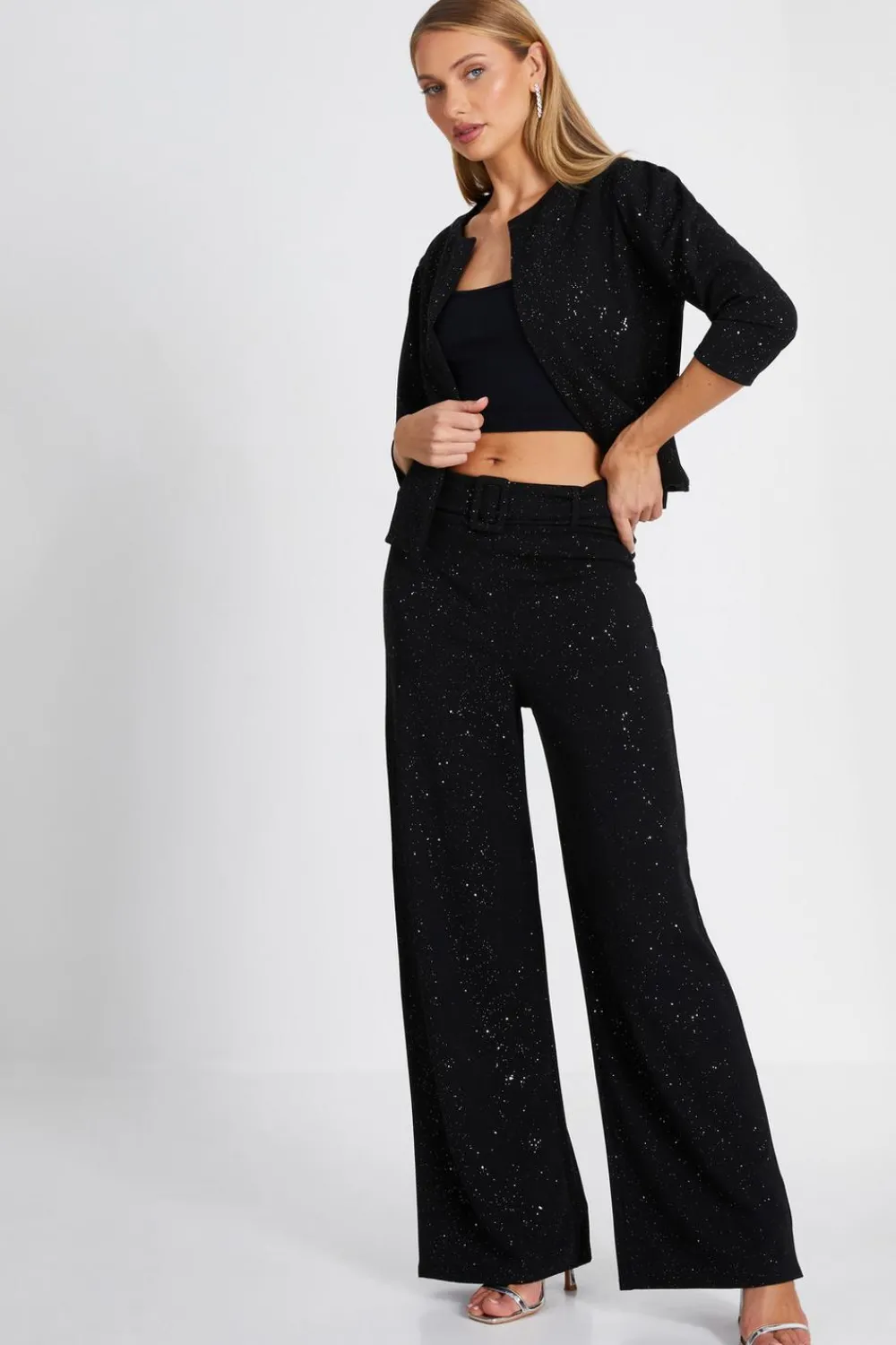 Quiz Christening Guest|Trousers>Black Glitter Palazzo Trousers