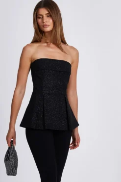 Quiz Going Out Tops|Crop Tops>Black Glitter Strapless Peplum Top