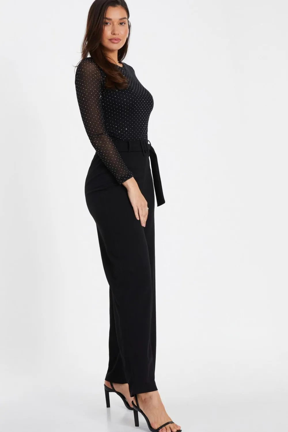 Quiz Trousers|Casual Clothing>Black High Waist Belted Palazzo Trousers