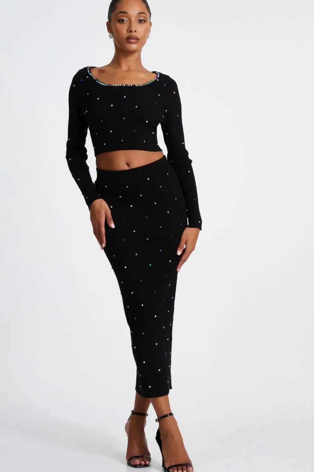 Quiz Skirts|Co-Ords>Black Knit Diamante Midi Skirt