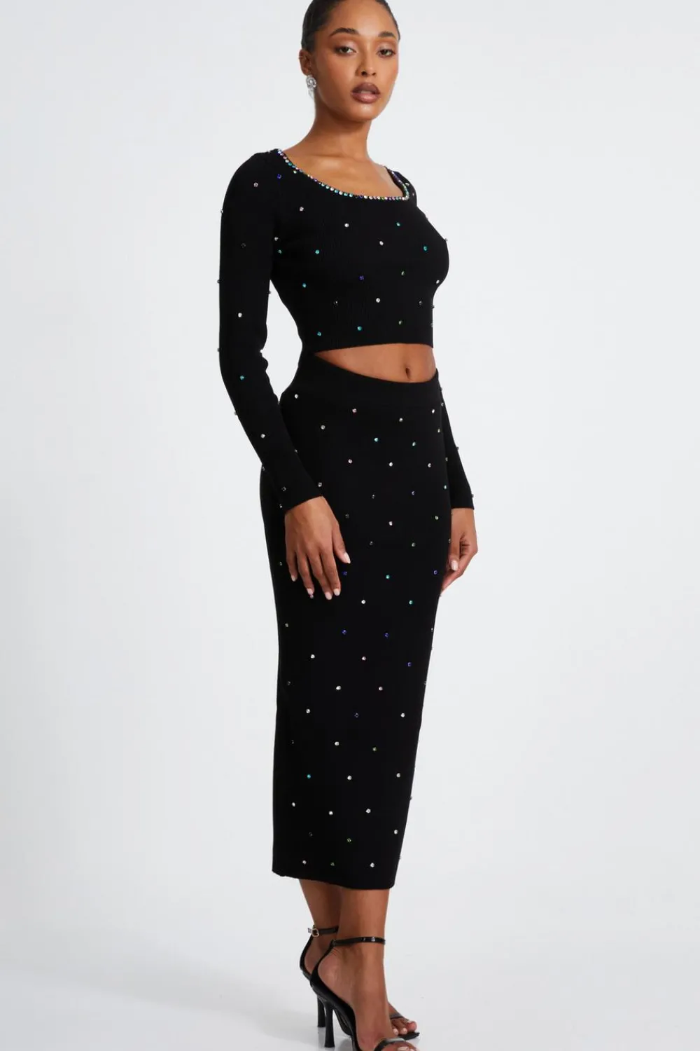 Quiz Skirts|Co-Ords>Black Knit Diamante Midi Skirt