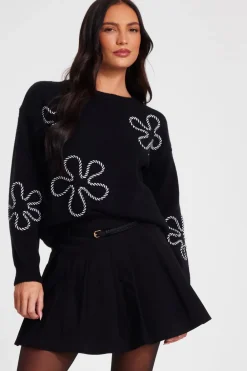 Quiz Workwear|Knitwear>Black Knit Flower Stitch Jumper