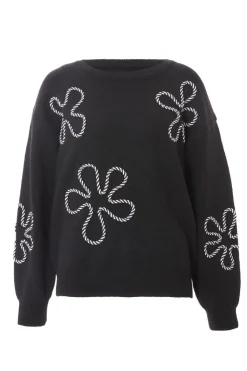 Quiz Workwear|Knitwear>Black Knit Flower Stitch Jumper