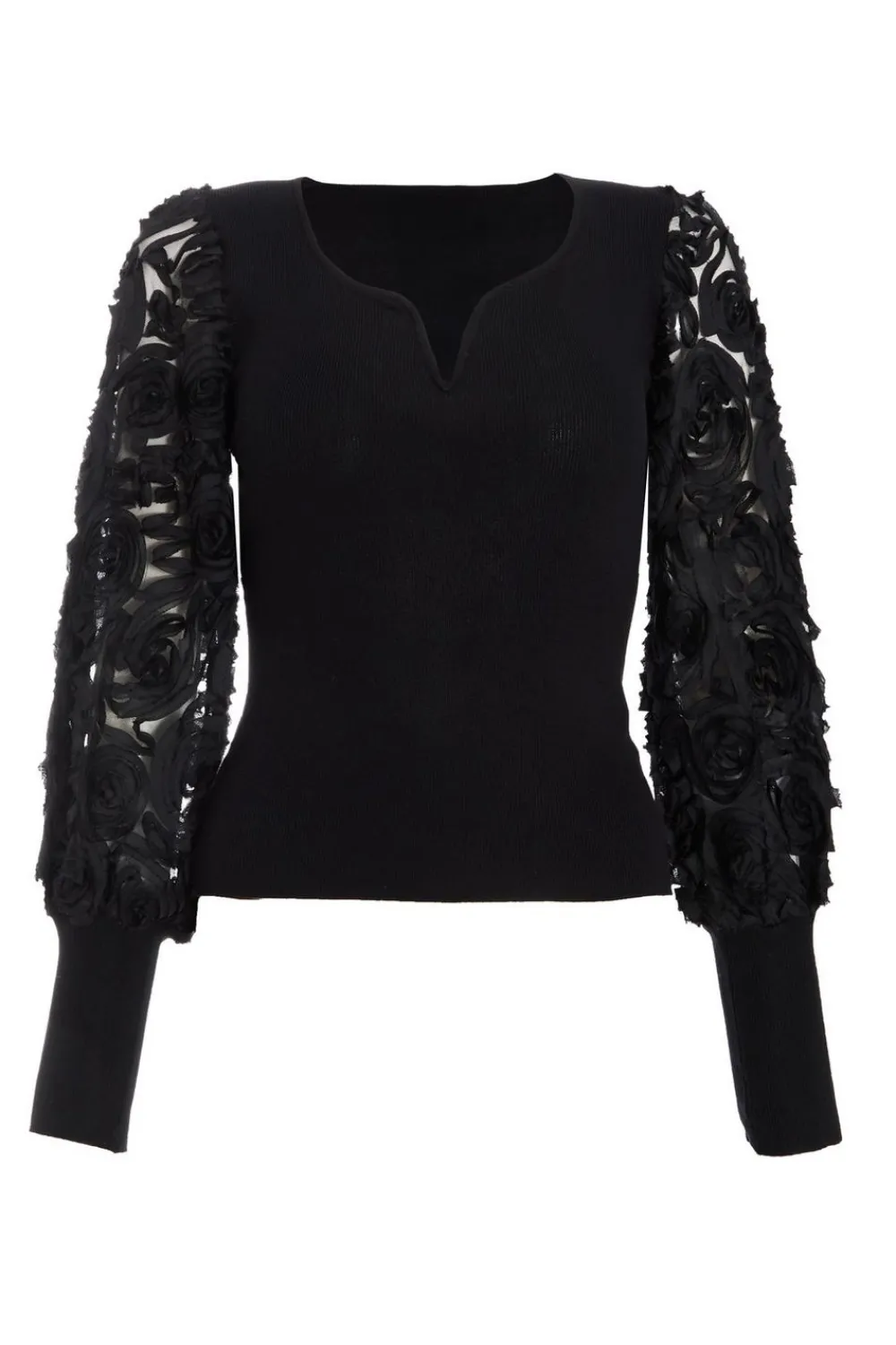 Quiz Day Tops|Tops>Black Knit Sleeve Detail Top