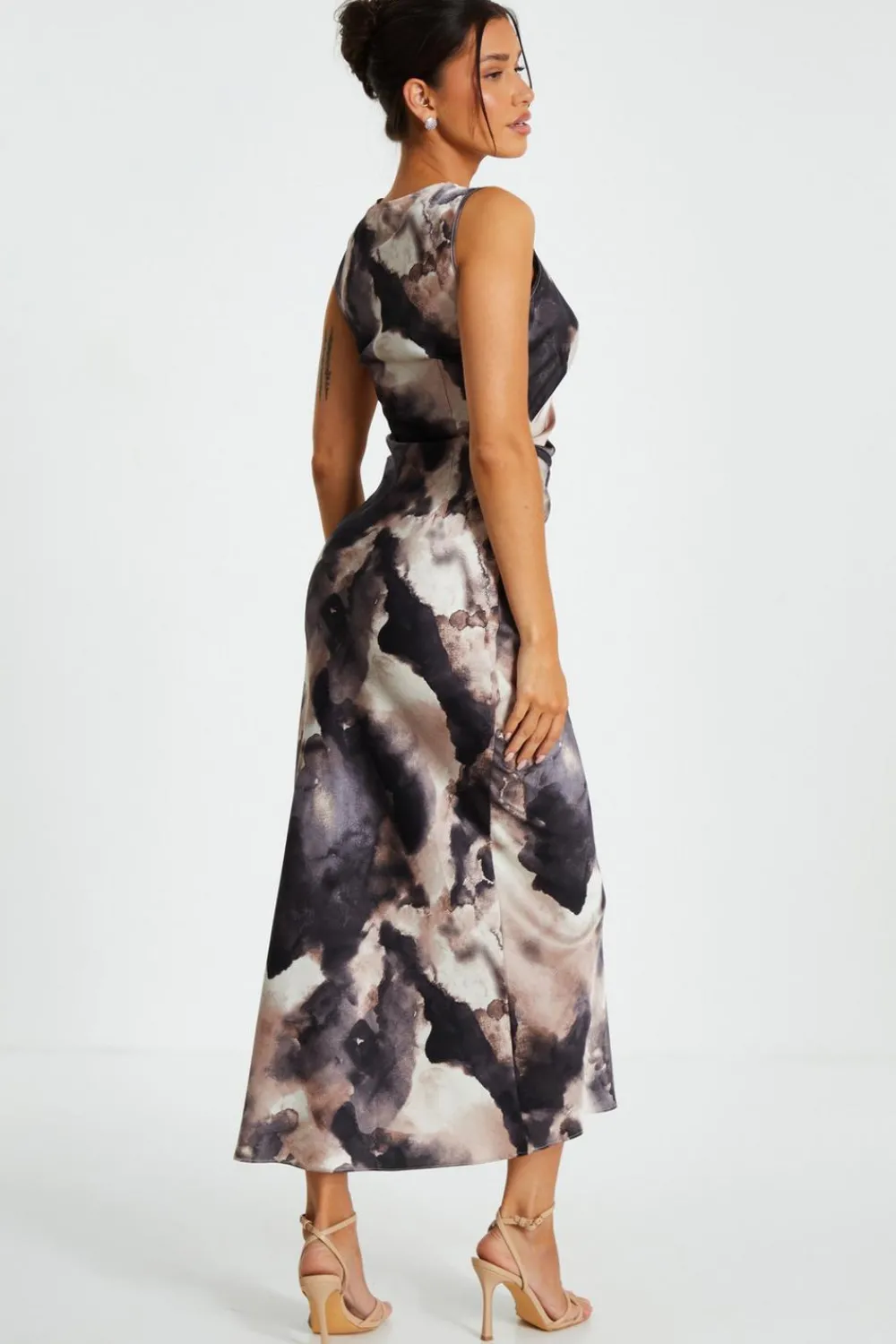Quiz Summer Clothes|Wedding Guest Dresses>Black Marble Print Satin Ruched Midaxi Dress