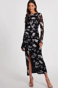 Quiz Modest|Florals>Black Mesh Floral Ruched Midaxi