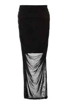 Quiz Skirts>Black Mesh Ruched Midaxi Skirt