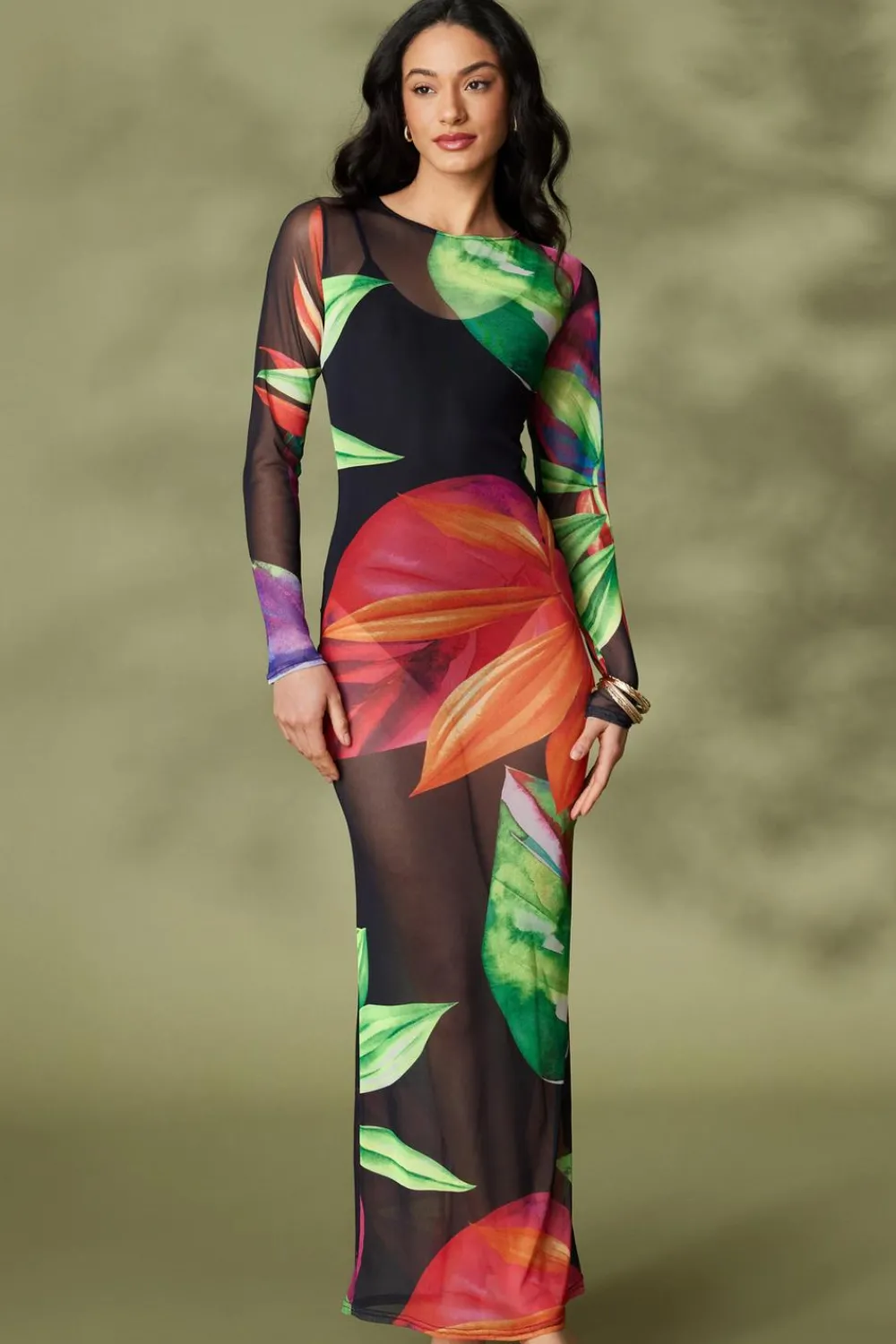 Quiz Holiday|Maxi Dresses>Black Mesh Tropical Print Maxi Dress