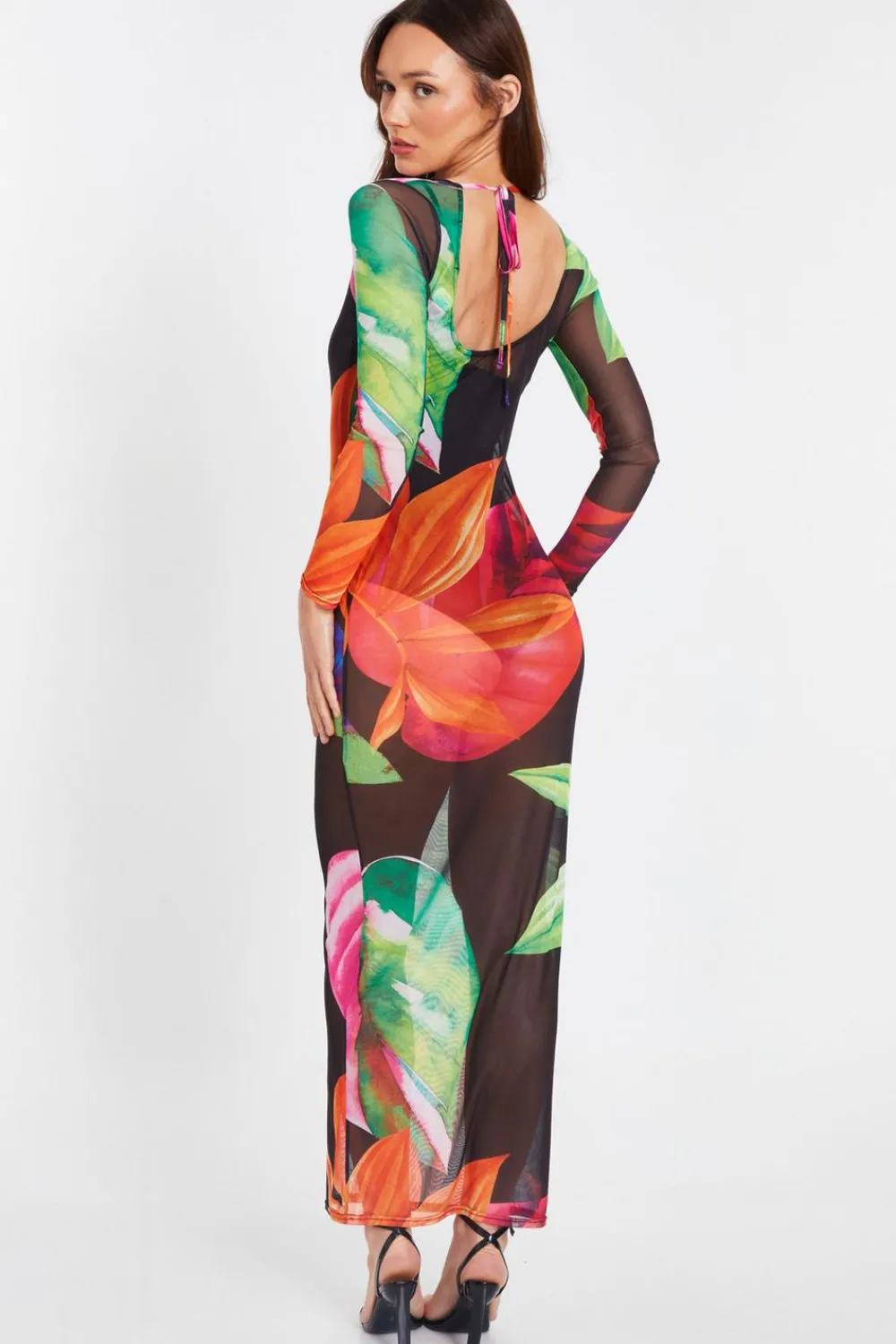 Quiz Holiday|Maxi Dresses>Black Mesh Tropical Print Maxi Dress