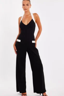 Quiz Going Out Jumpsuits|Black Jumpsuits>Black Monochrome Halter Neck Jumpsuit
