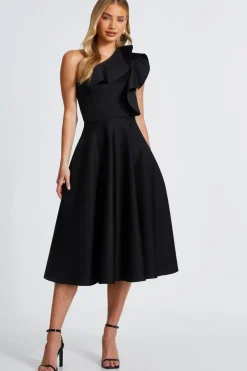 Quiz Evening Dresses|Day At The Races>Black One Shoulder Frill Skater Dress