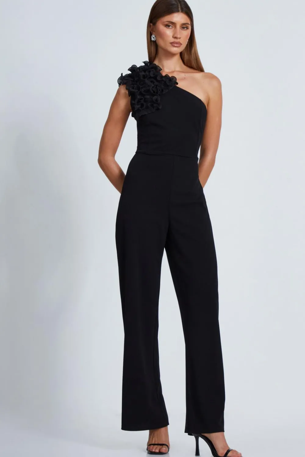 Quiz Occasion Jumpsuits|Going Out Jumpsuits>Black One Shoulder Palazzo Jumpsuit