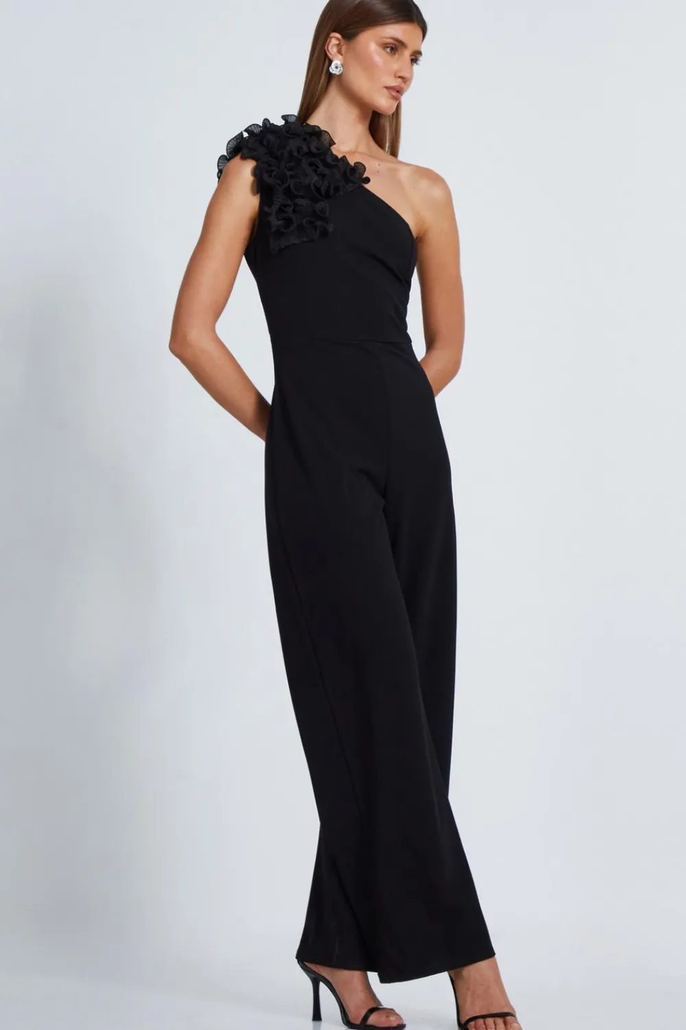 Quiz Occasion Jumpsuits|Going Out Jumpsuits>Black One Shoulder Palazzo Jumpsuit
