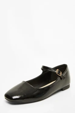 Quiz Pumps|Flats>Black Patent Faux Leather Flat Pumps